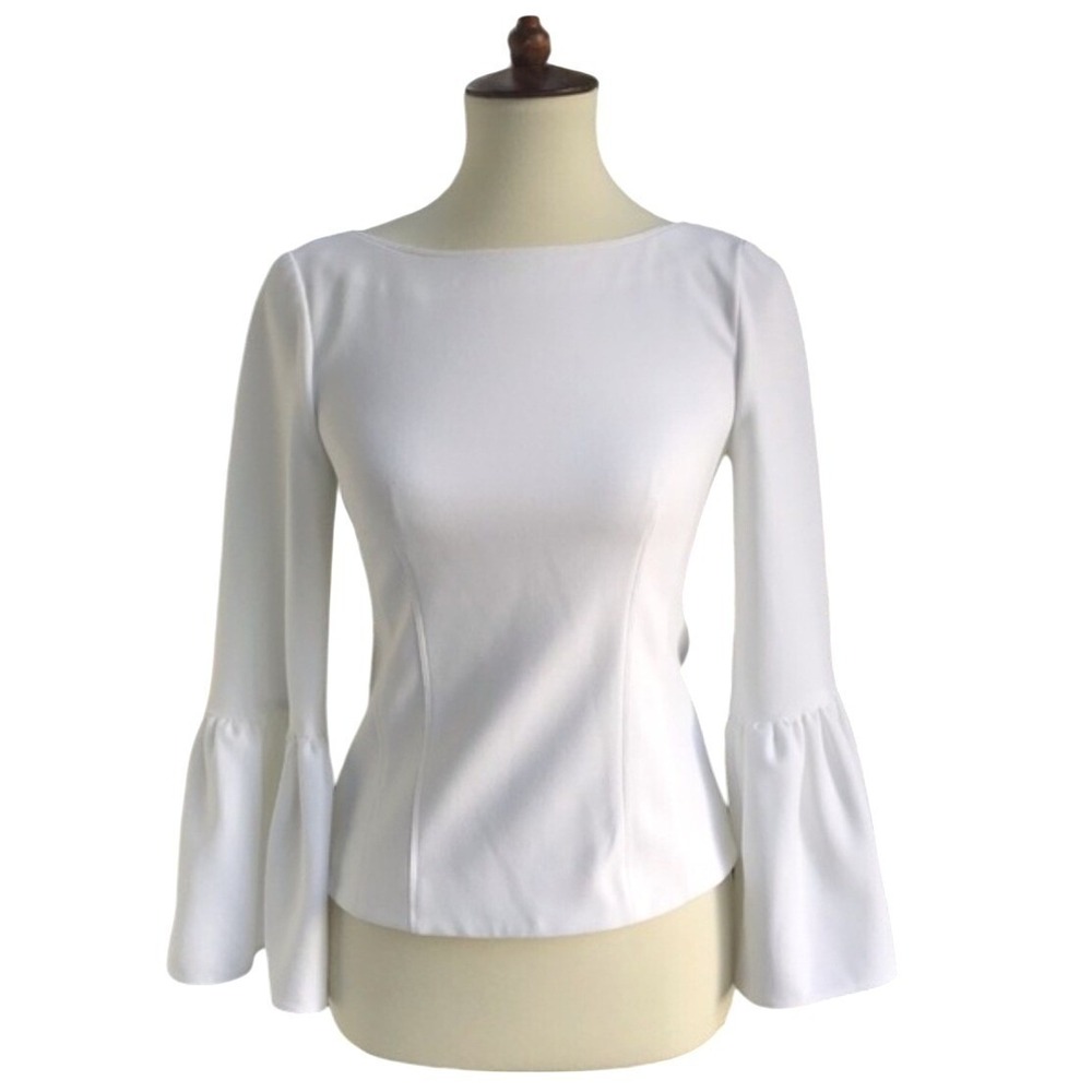 Tibi Blouse Womens Size 10 Ivory Bell Sleeve Boat Neck Blouse Rose Gold Back Zip